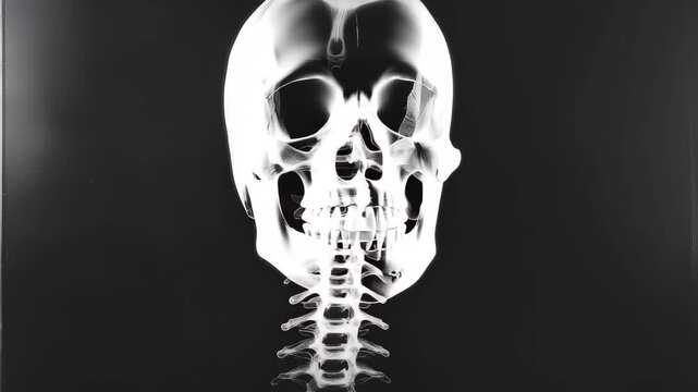 A detailed x-ray displays a human skull and cervical spine in profile. The clarity showcases the alignment and structure of bones, illustrating anatomical features and connections.