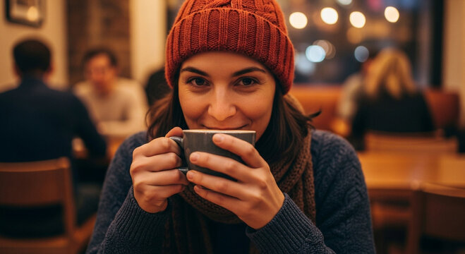 Portrait of a happy woman in a warm beanie enjoying a cup of hot coffee in a cozy cafe during winter