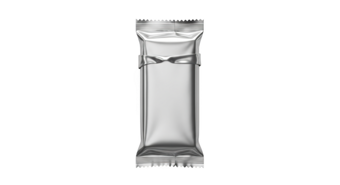 Silver foil wrapper with a band around the middle for a snack bar or candy isolated on a transparent background