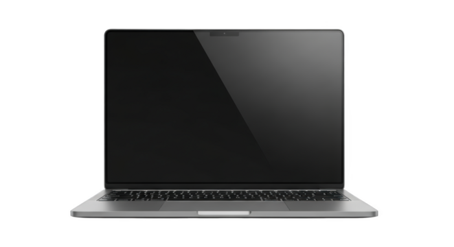 Silver laptop computer with dark screen and keyboard on background isolated on a transparent background