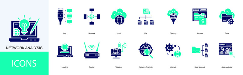 network analysis icon collection set. Containing Lan, Network, cloud, File, Filtering, Access, Data icon