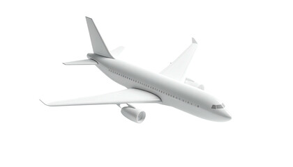A plain white passenger jet flies diagonally, rendered against a black background