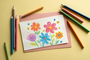 watercolor illustration of child&rsquo;s drawing card with flowers, pastel yellow background 