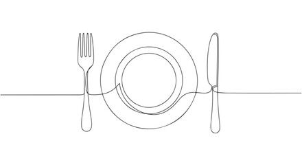 Elegant one line continuous drawing of a dinner plate, fork, and knife, symbolizing mealtime, dining, and restaurant concepts with minimalistic art