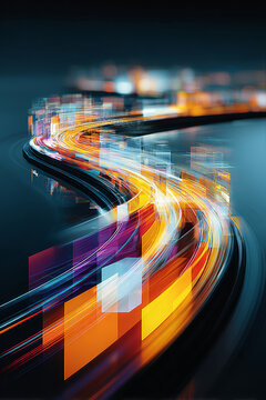 Abstract digital illustration featuring vibrant flowing lines and geometric shapes, creating a dynamic sense of movement and energy in a futuristic environment
