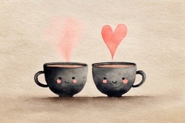 watercolor illustration of couple of coffee cups with heart-shaped steam, pastel beige background, kawaii valentine design