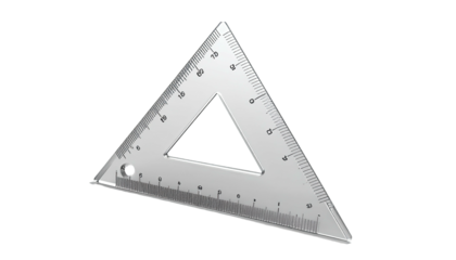 Isometric view of a clear plastic triangle ruler with printed markings