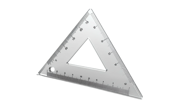 Isometric view of a clear plastic triangle ruler with printed markings