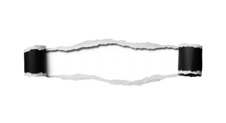 Torn paper revealing white copy space with rough edges isolated on a transparent background black paper