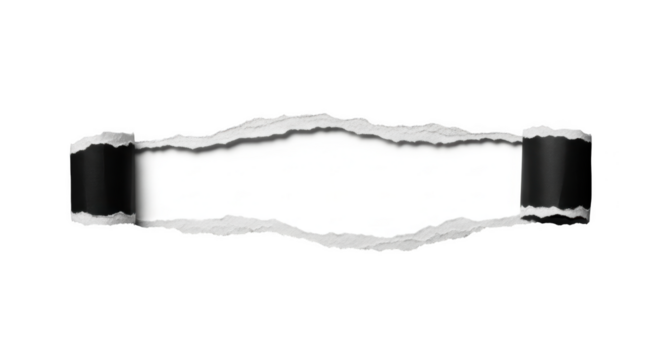 Torn paper revealing white copy space with rough edges isolated on a transparent background black paper