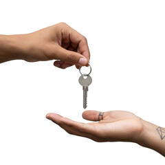Two hands exchanging house key isolated on transparent background