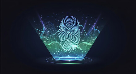 Digital fingerprint representation with glowing particles and data visualization.
