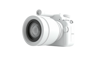 A 3D render of a camera body with lens, isolated on black background