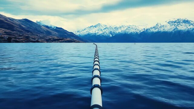 A lengthy pipeline stretches across the calm surface of the lake, reflecting the overcast sky and showcasing the majestic snow-capped mountains on the horizon.