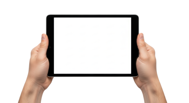 Two hands holding a tablet computer with a blank white screen isolated on a transparent background technology