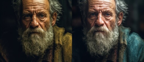 old man, weathered skin, long grey beard, worn clothing, intense gaze, vivid colors, textured background, dramatic lighting, cinematic portrait
