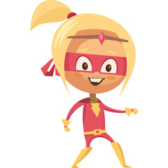 Happy Blond Girl Superhero Costume Red and Yellow Outfit with Mask and Cape White Background Smiling Joyful Energetic Pose Action Ready