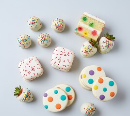 Vibrant Assortment of Colorful Party Desserts Including Funfetti Cake, Macarons, Sprinkled Cake Pops, and Chocolate-Dipped Strawberries in a Festive Flat Lay Arrangement