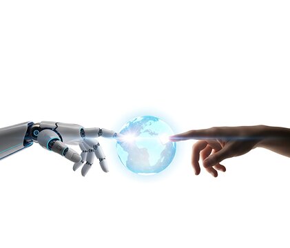 Robot Hand and Human Hand Touching a Glowing Digital Earth Globe, Symbolizing Artificial Intelligence Connection, Global Technology, and the Future of Human-Machine Collaboration