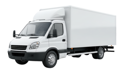 White box truck with a tall cargo compartment and a dark gray bumper isolated on a transparent background