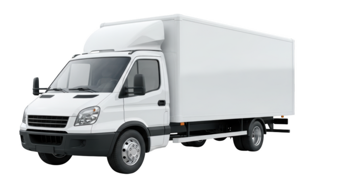 White box truck with a tall cargo compartment and a dark gray bumper isolated on a transparent background
