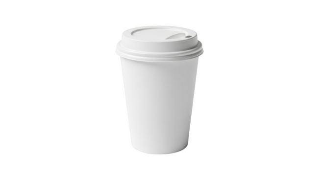 White disposable paper coffee cup with a white lid and a small opening for drinking isolated on a transparent background