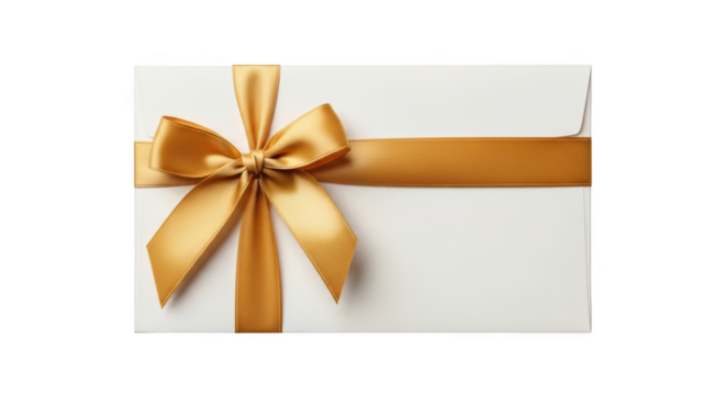 White envelope with a satin gold ribbon tied in a bow isolated on a transparent background image