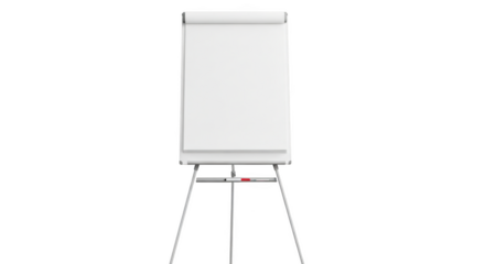 White flip chart easel with blank paper pages and attached marker tray isolated on a transparent background