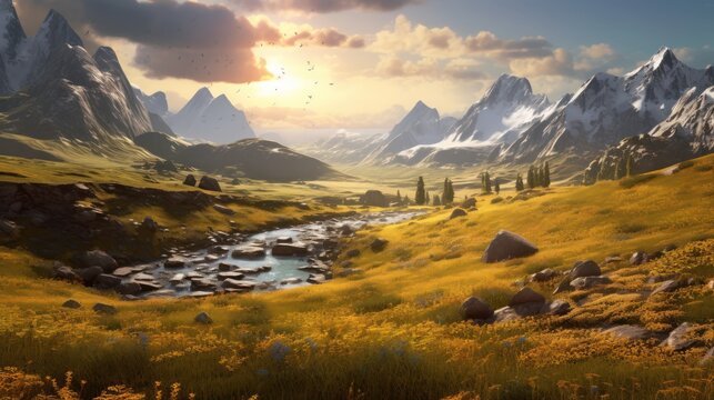 a stunning landscape with towering snow-capped mountains, a winding river flowing through a lush green valley, dramatic clouds and vibrant sunset colors in the sky, detailed fantasy elements such as a