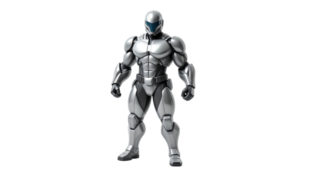 Standing figure in futuristic, metallic armor, with glowing blue visor