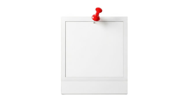 White instant photo frame with a red push pin holding it at the top isolated on a transparent background