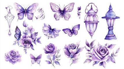 Unique artistry portraying a set of dreamy violet accessories on a white backdrop.