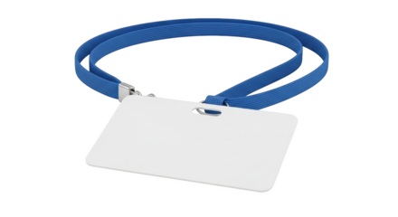 White rectangular identification badge with blue lanyard and metal clip isolated on a transparent background