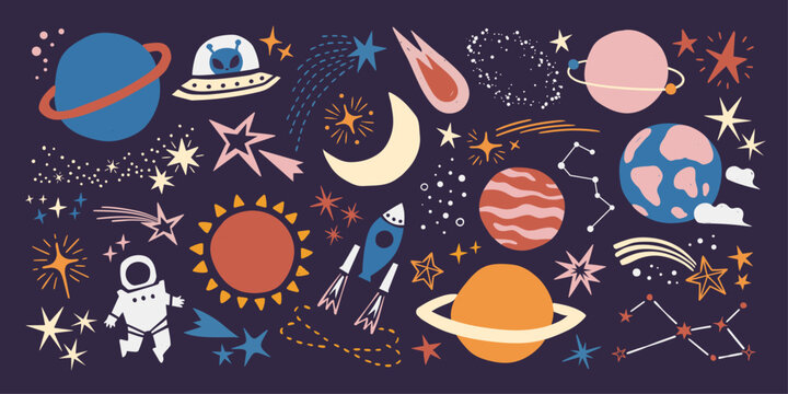 Collection of cute space illustrations with colorful planets, rockets, stars, and astronaut in playful style for stickers, posters, wrapping paper, and backgrounds.