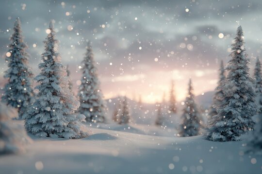 Serene snowy forest backdrop with frosted trees and a gentle sunrise, perfect for a peaceful and reflective New Year's social media template