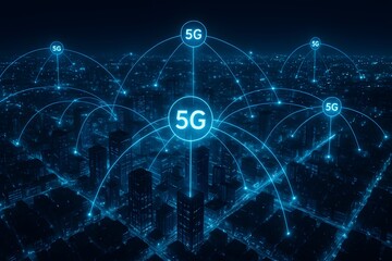 Fototapeta premium Aerial View of Glowing Smart City at Night with Luminous Data Lines and 5G Nodes — Futuristic Technology and Innovation Concept