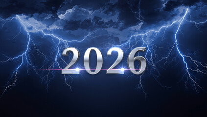 Dynamic 2026 year announcement with dramatic lightning strikes and stormy skies symbolizing change and impact