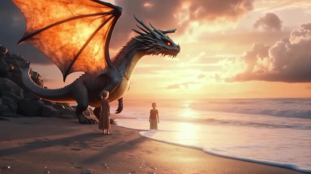 Grand orange dragon unfurls flaming wings and lifts off from a sandy beach at dusk as two children watch in awe, sea shimmering and sky glowing with magic