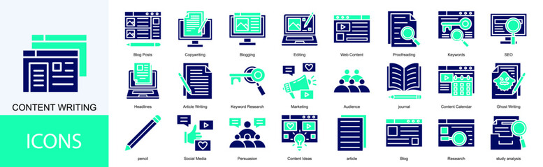 content writing icon collection set. Containing  Copywriting, Blogging, Editing, Web Content, Proofreading, Keywords, SEO icon