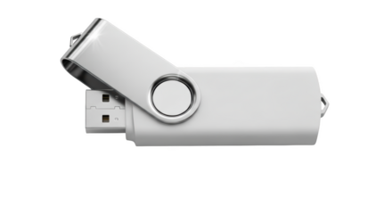 White swivel U S B flash drive with silver metal cap and loop isolated on a transparent background USB drive