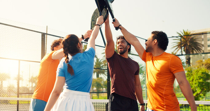Padel, happy and friends on court high five for training, practice and start exercise for challenge. Sports, teamwork and men with women celebrate for game, tennis match and competition outdoor