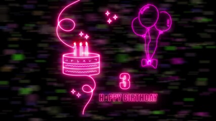 3th age, anniversary Cake with burning candle in happy positive emotions Birthday Celebration Glowing flicker star neon space glittering Screen neon Balloon colorful, confetti congratulation.. 