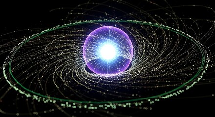 Dazzling energy core surrounded by swirling cosmic dust and glowing particles, symbolizing scientific innovation and futuristic exploration across the universe.