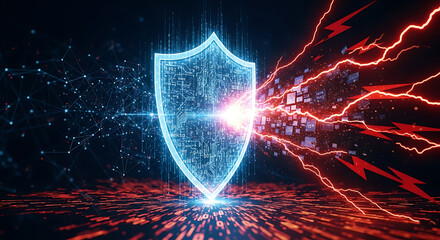 Digital shield protecting from red lightning and blue data streams, symbolizing cybersecurity and data protection.