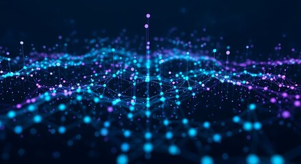 Dynamic digital network connecting glowing nodes with vibrant blue and purple lights against a dark futuristic background, representing global data flow and innovation.