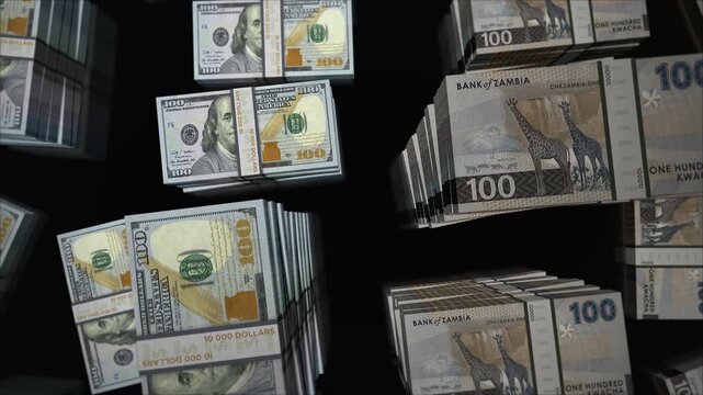 American Dollar and Zambia kwacha Zambian money money exchange. Paper banknotes pack bundle. Concept of trade, economy, competition, crisis, banking and finance. Notes loopable seamless 3d.