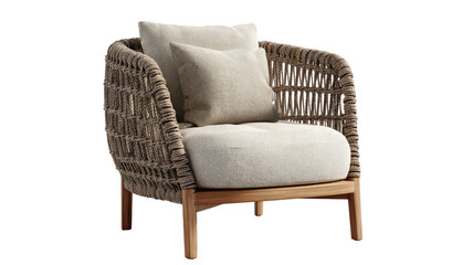 Cozy woven armchair with neutral cushions, on a light wood frame
