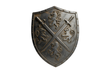 Ornate medieval shield with crossed swords isolated on transparent background