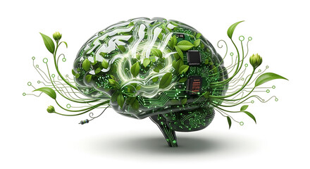 A conceptual artwork depicting a brain composed of circuit boards and foliage, symbolizing growth and technology.
