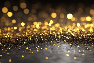 Rich black and gold luxury scene adorned with glimmering glitter, surrounded by soft bokeh effects, evoking a sense of elegance